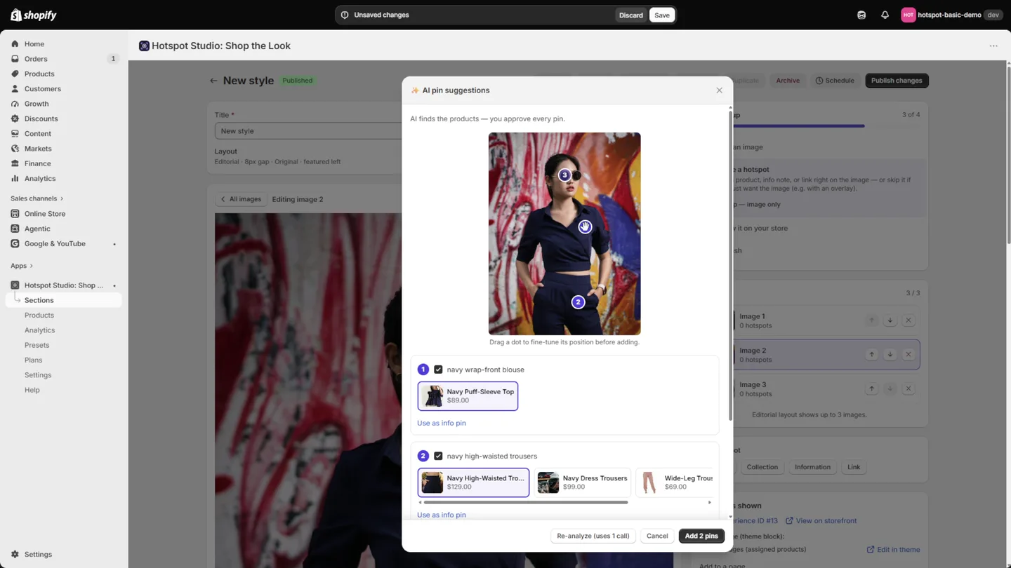 AI pin suggestions modal proposing numbered pins on a photo with matching catalog products awaiting approval