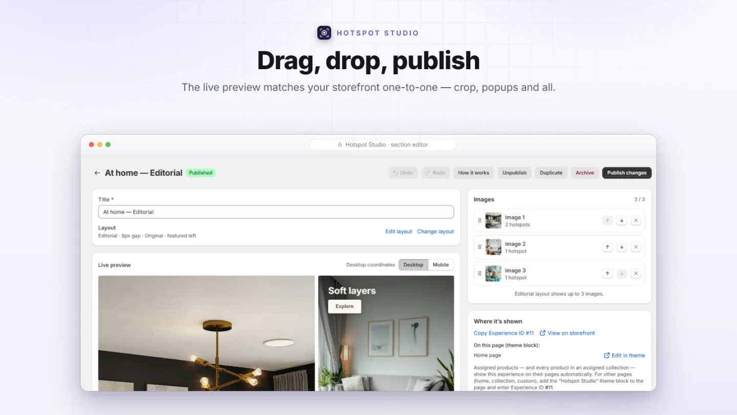 The section editor with an image canvas, hotspot dots, and the image list sidebar