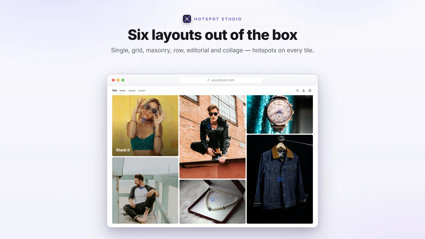 A storefront gallery layout with hotspot dots on every tile — one of the six layouts