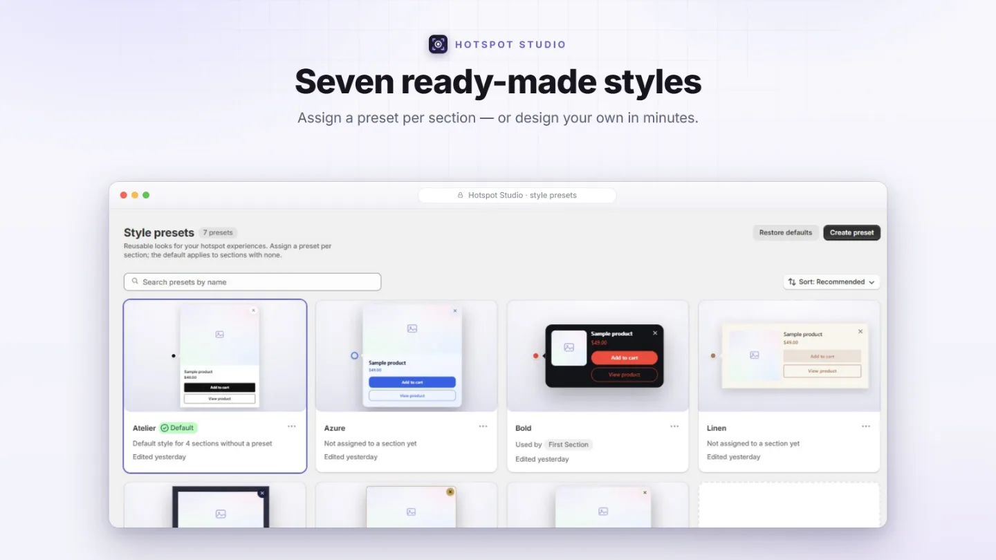 Designer style presets ranging from clean white to dark luxury and neon