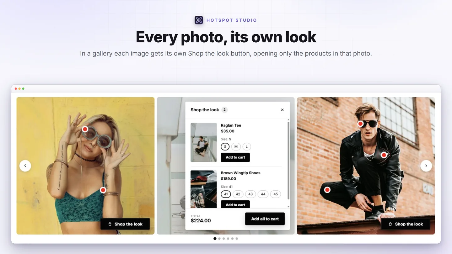 A carousel where each photo has its own Shop the look button, with one photo’s two products open in a picker