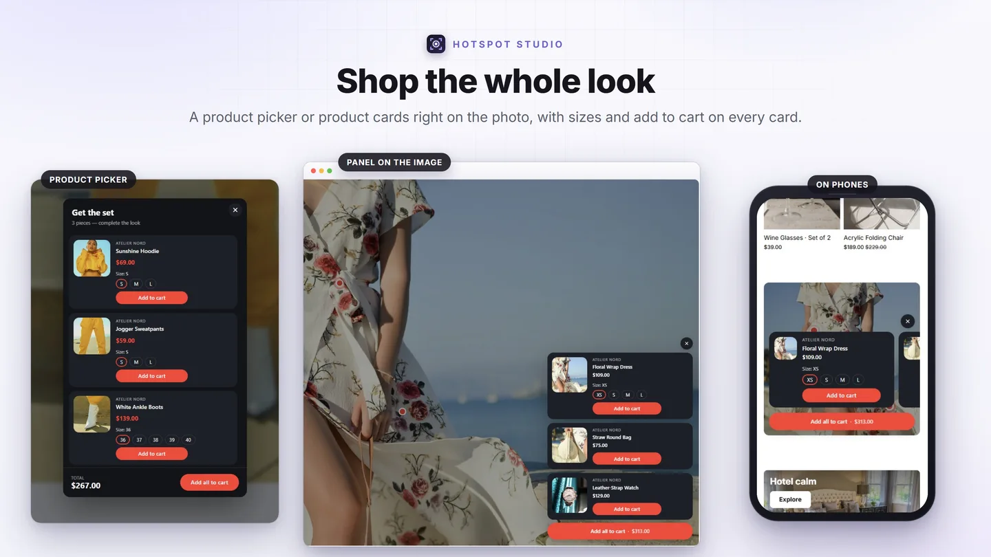 Shop the Look as a product picker with sizes and a total, and as product cards on the photo on a desktop and a phone